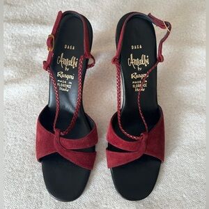 Vintage Amalfi Burgundy-Red and Black Italian Suede Leather Sandal Heels